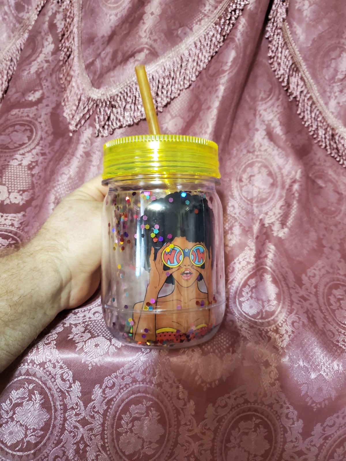 Clear Plastic Mason Jar with Yellow Lid, Straw, Glitter - photo 3