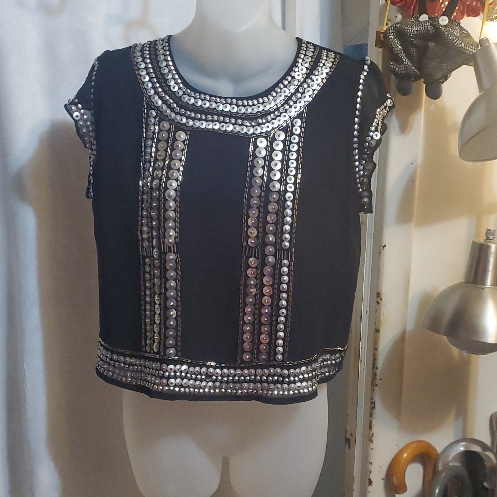 Guess Black Silver Sequin Chiffon Cropped Cap Sleeve Party Blous