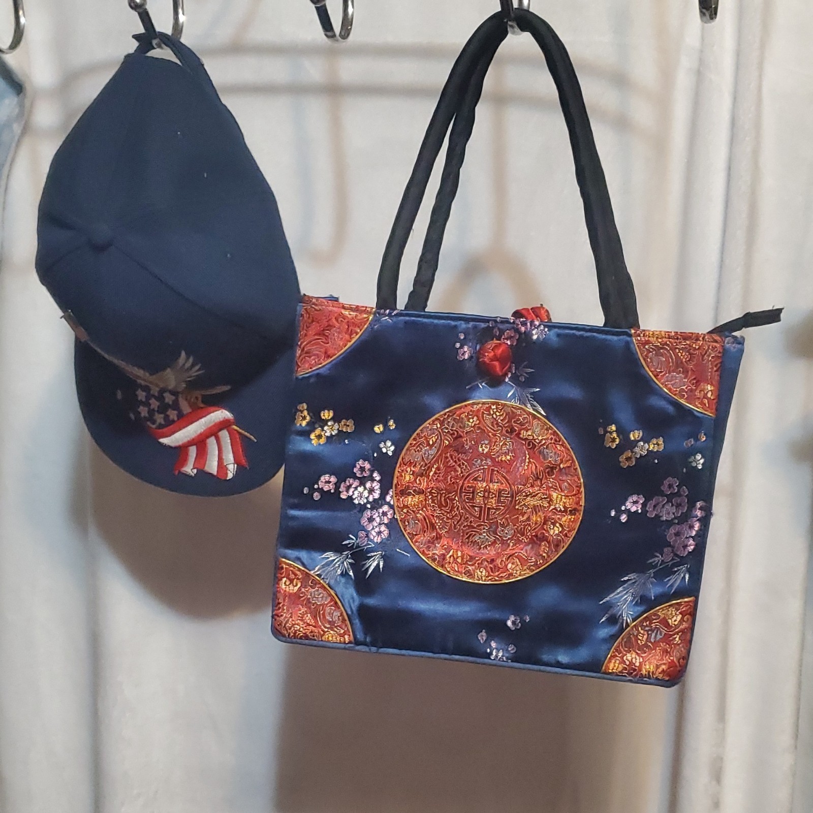 Blue Shoulder Bag Embroidered Floral Knot Accent
