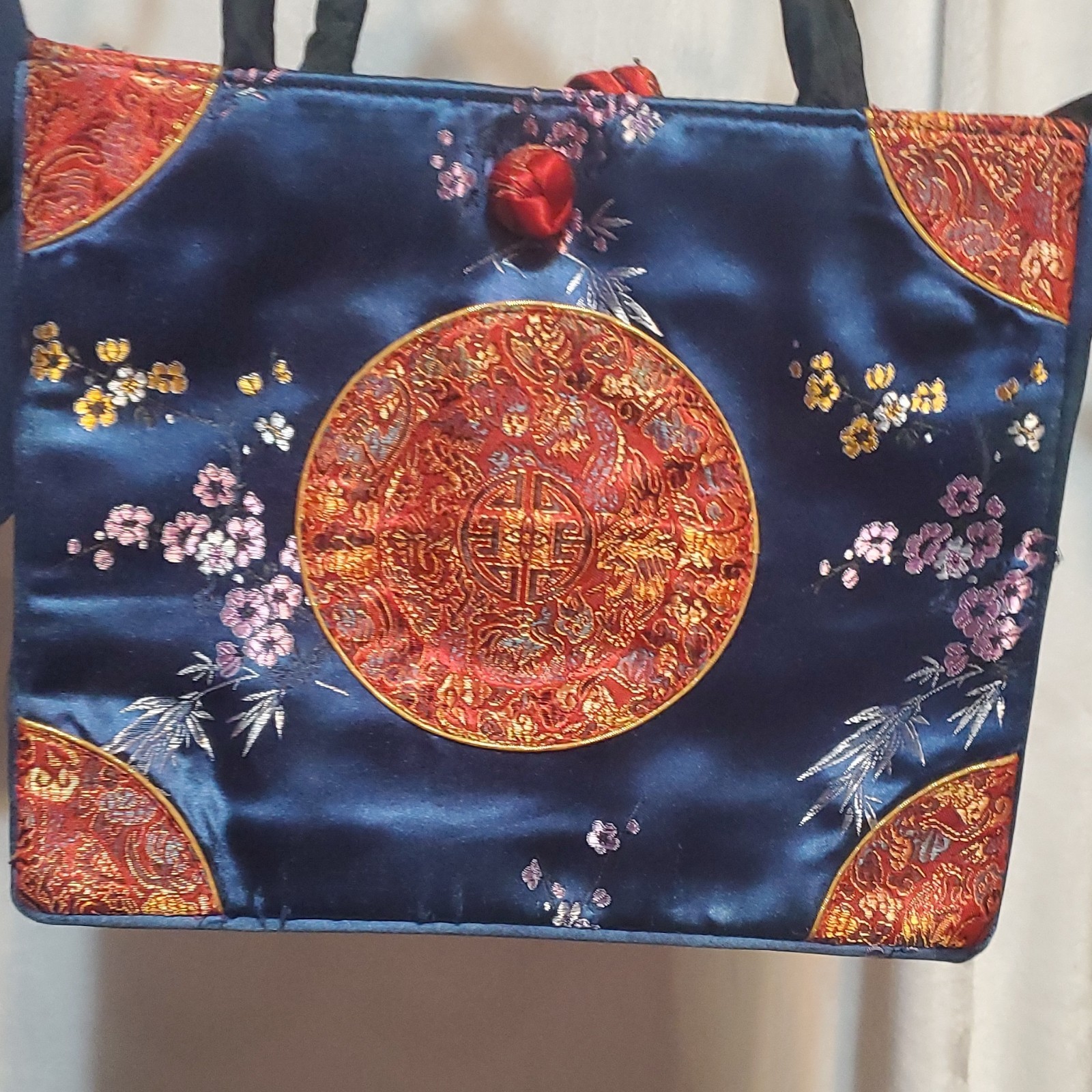 Blue Shoulder Bag Embroidered Floral Knot Accent - photo 3