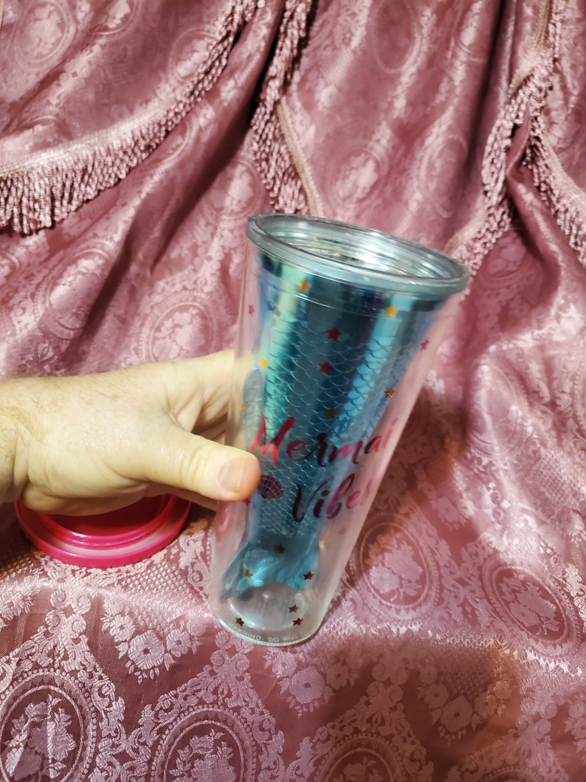 Mermaid Theme Decorated Pink Blue Plastic Metal Tumbler With Lid