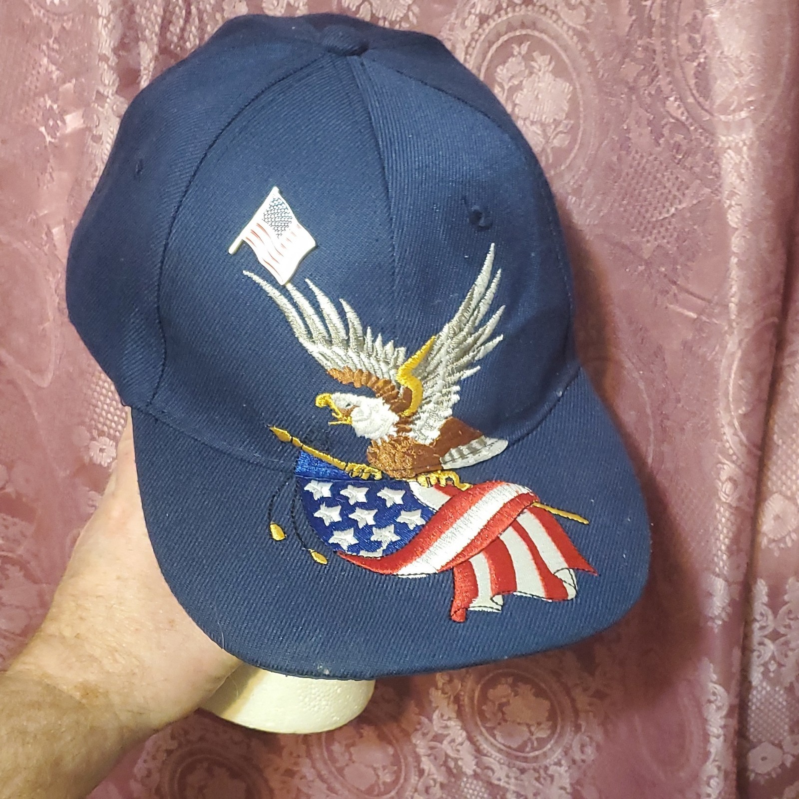 Men's Navy Blue Baseball Cap Embroidered Bald Eagle USA Flag Adj