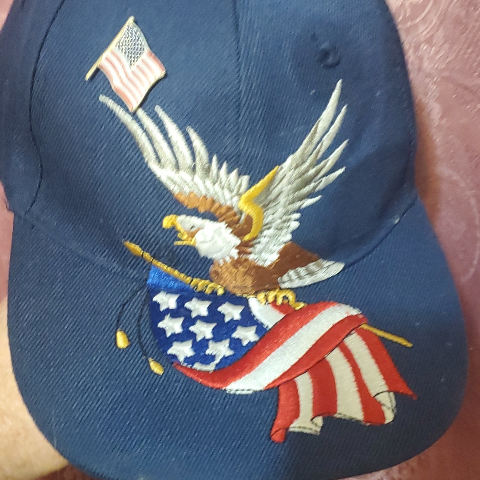 Men's Navy Blue Baseball Cap Embroidered Bald Eagle USA Flag Adj - photo 2