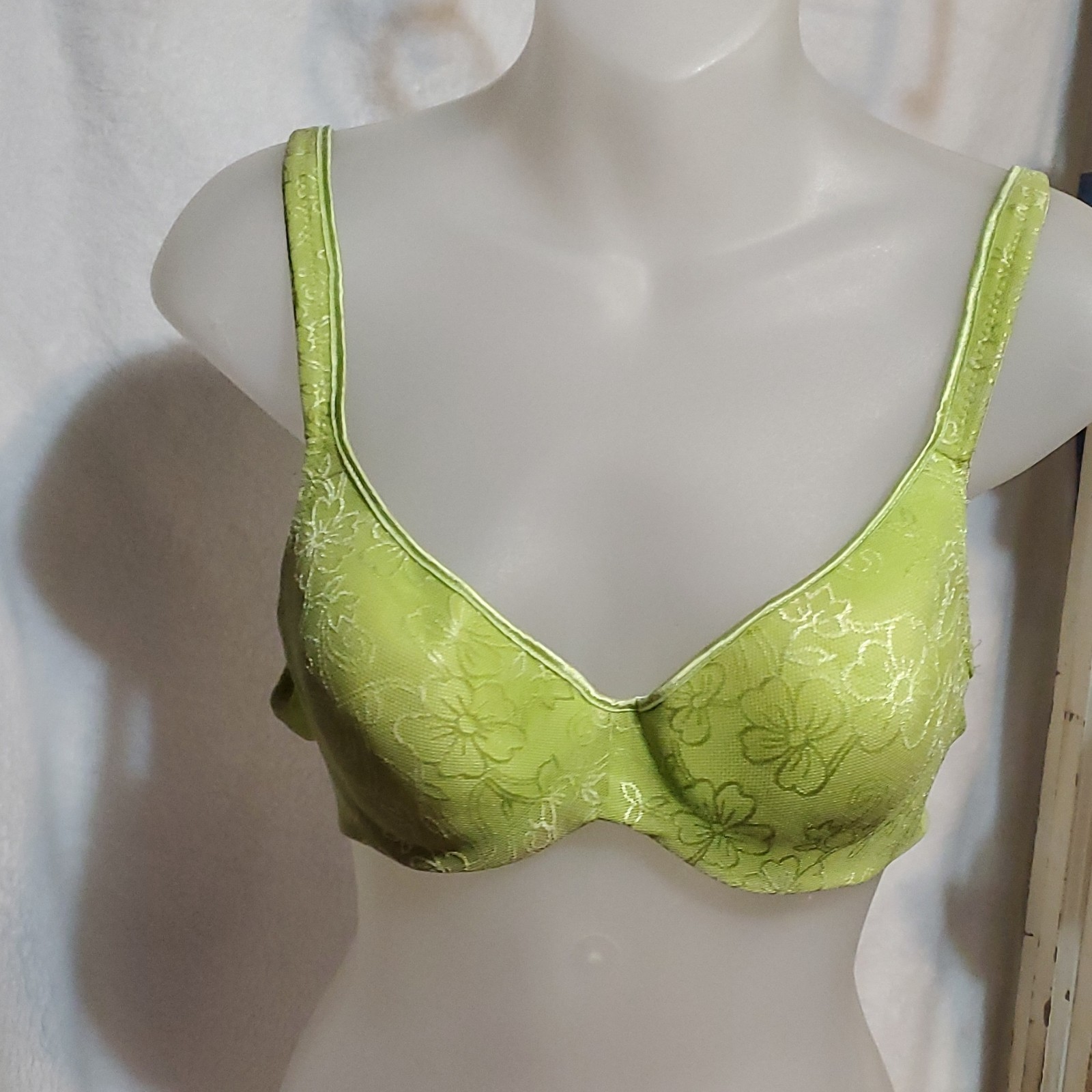 Green Lace Floral Underwire Bra 34C Full Coverage