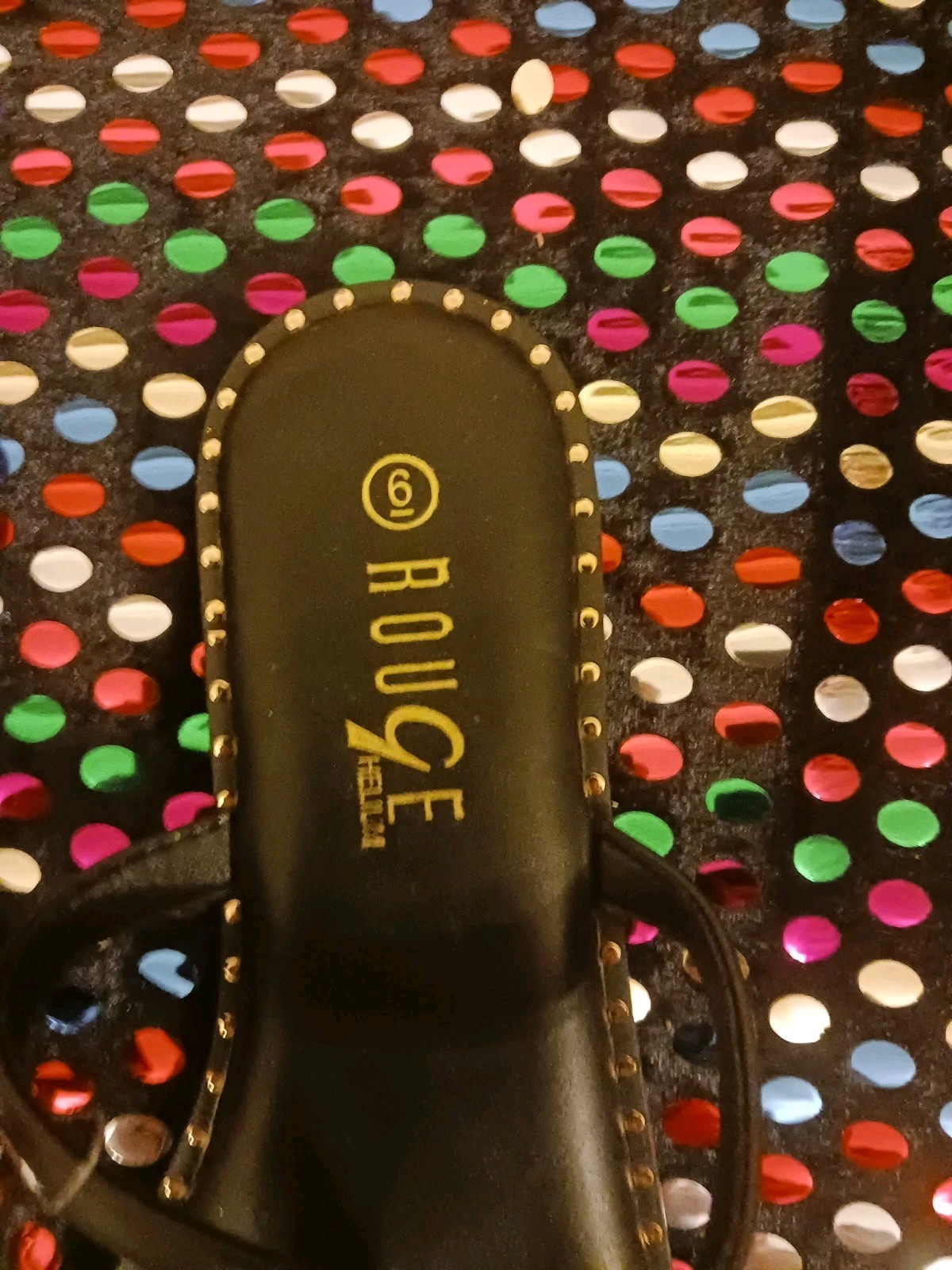 Rouge Helium Flat Sandals Black Gold Studded Slip On Womens Size - photo 3