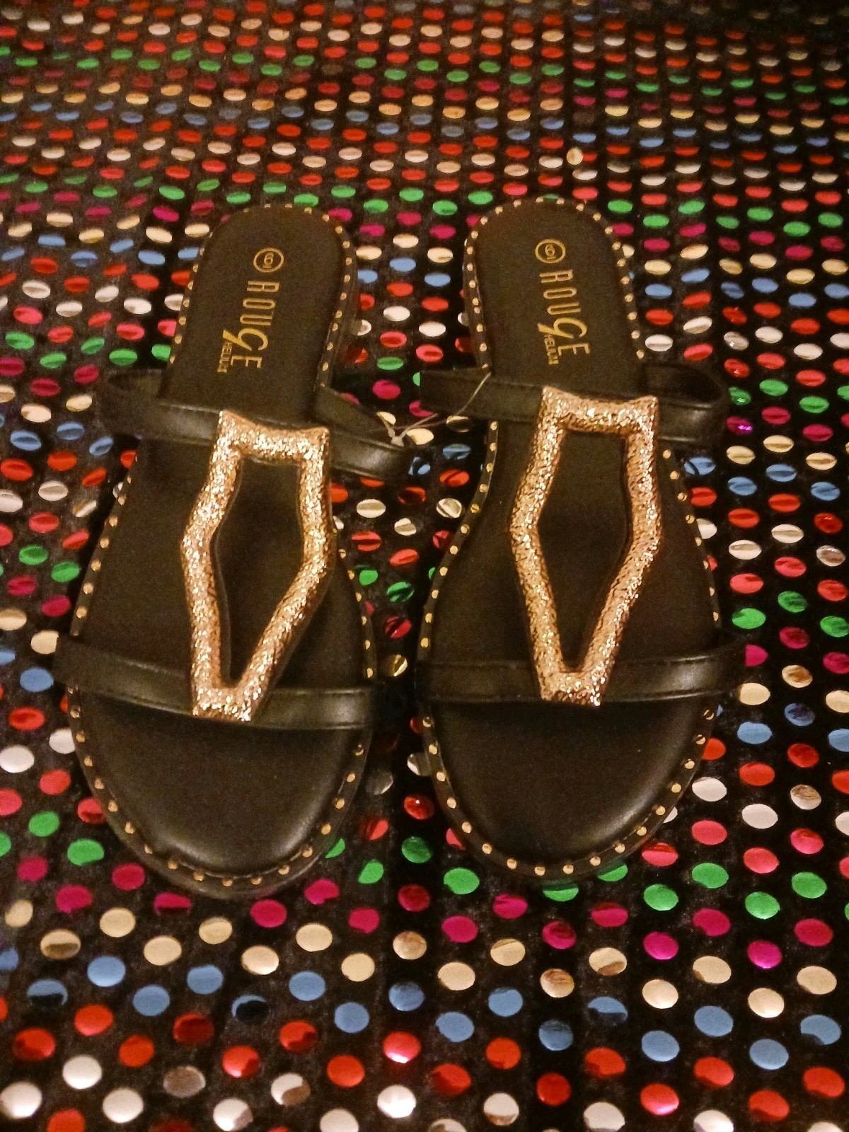 Rouge Helium Flat Sandals Black Gold Studded Slip On Womens Size - photo 4