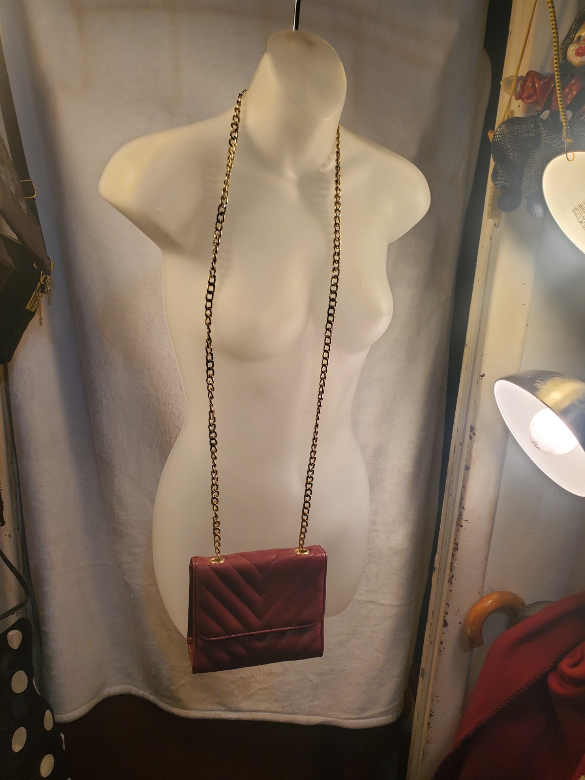 Burgundy Quilted Chevron Shoulder Bag Gold Chain Strap