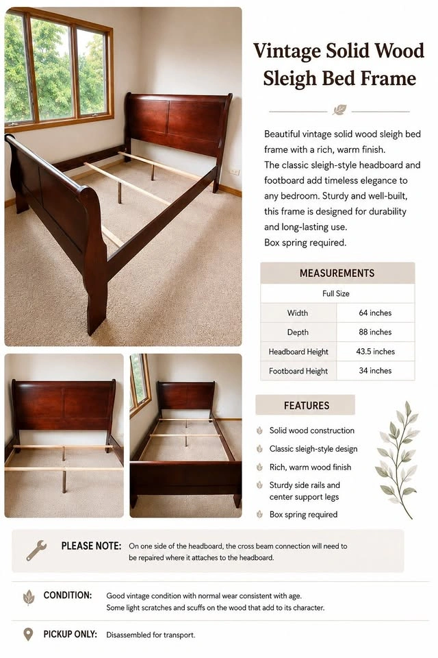 Vintage Solid Wood Sleigh Bed Frame