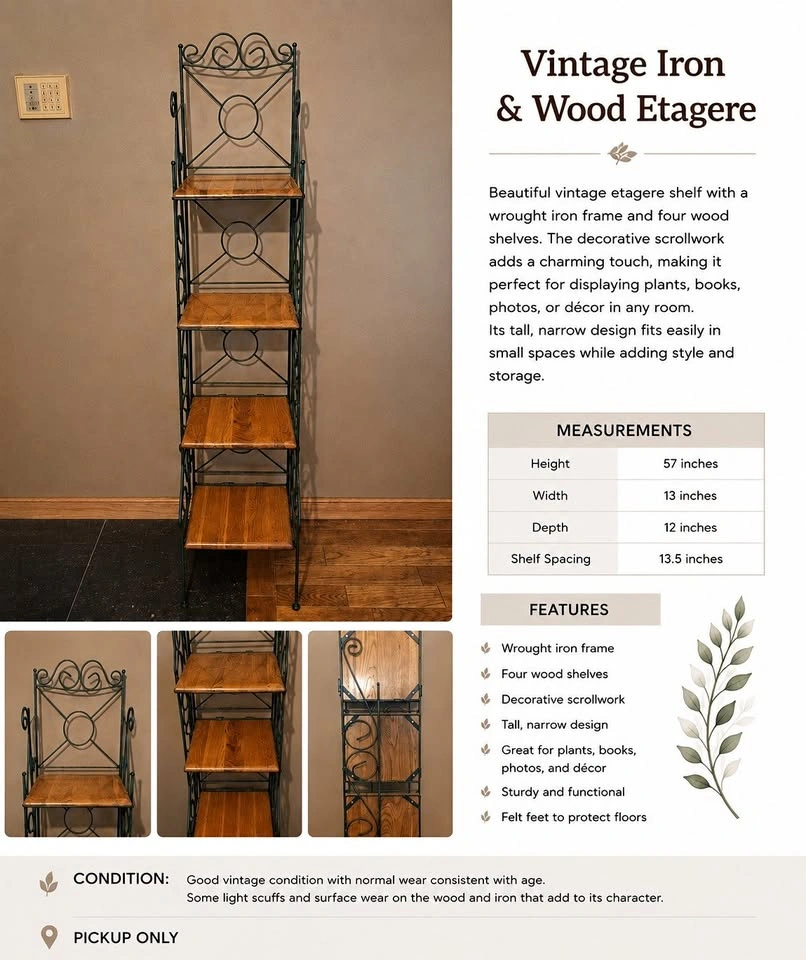 Vintage Iron & Wood Etagere (Foldable)