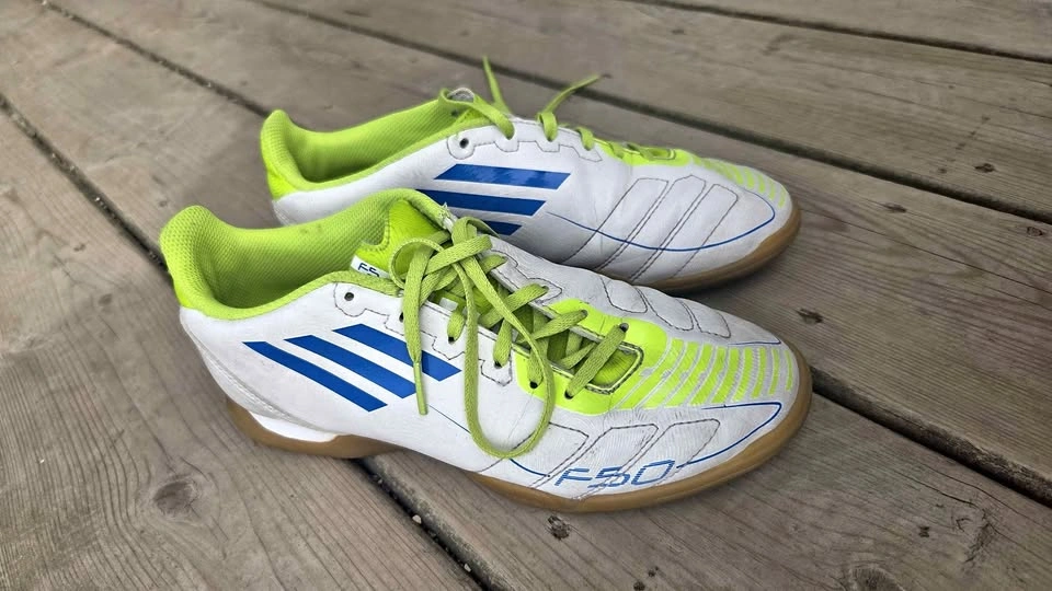 Adidas F50 Indoor Soccer Shoes - White/Blue/Lime