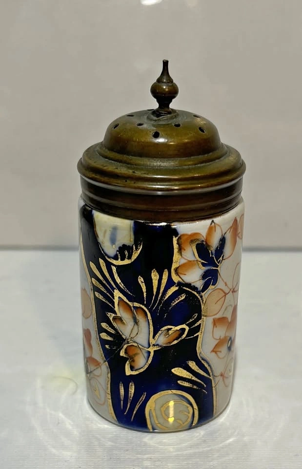 Gaudy Welsh Antique Porcelain Pewter Topped Shaker