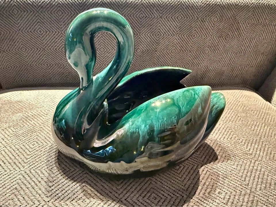 Vintage MCM Green Drip Glaze Ceramic Swan Planter