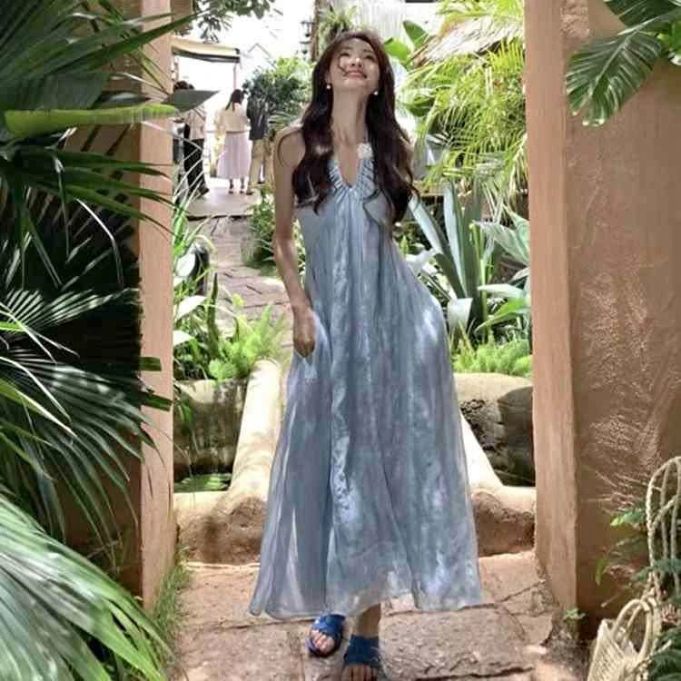Blue Halter Flowy Backless Summer Dress