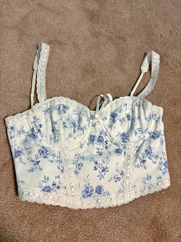 Garage White Blue Floral Lace Corset Crop Top M/M