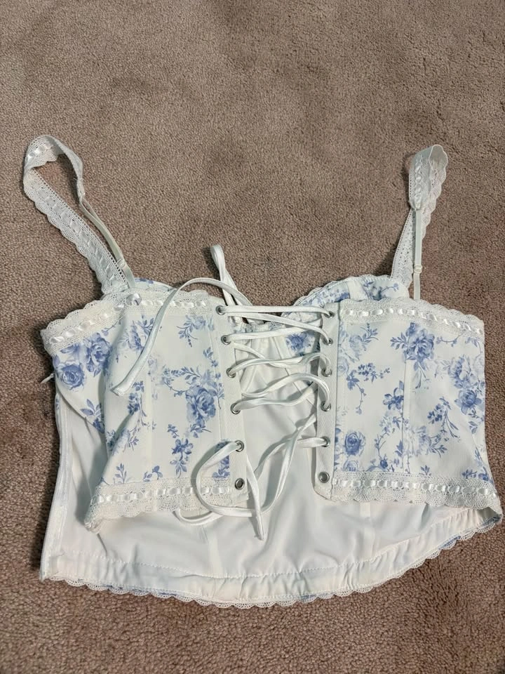 Garage White Blue Floral Lace Corset Crop Top M/M - photo 2