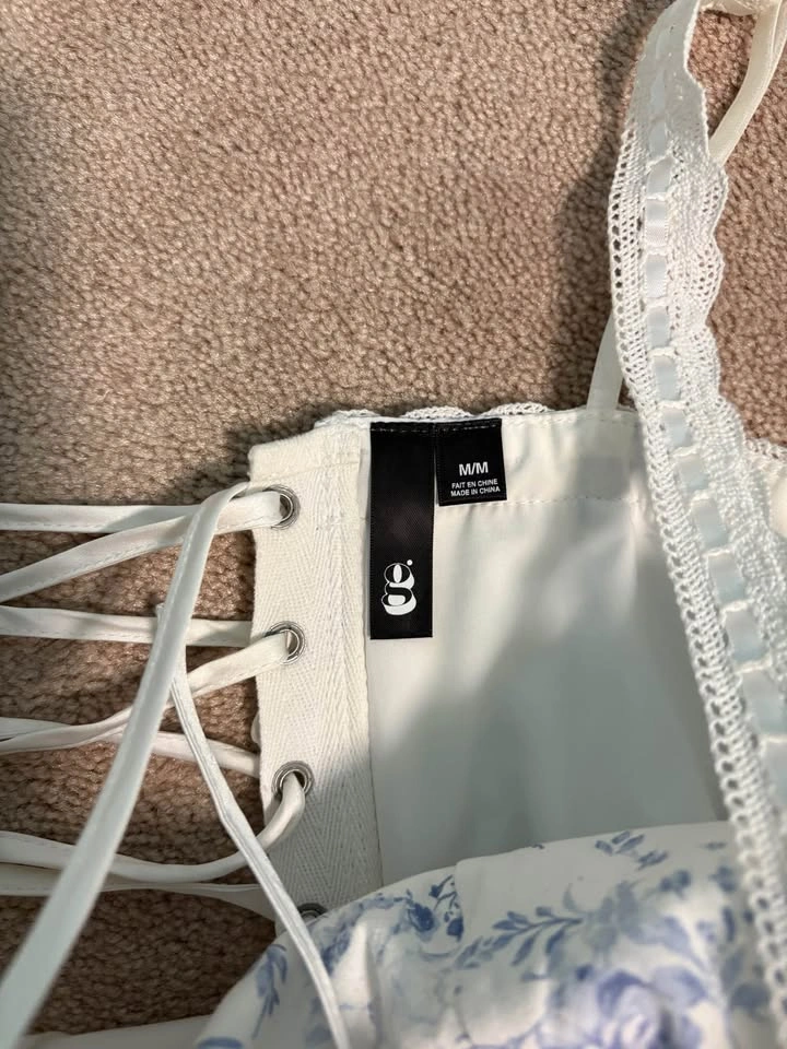 Garage White Blue Floral Lace Corset Crop Top M/M - photo 3