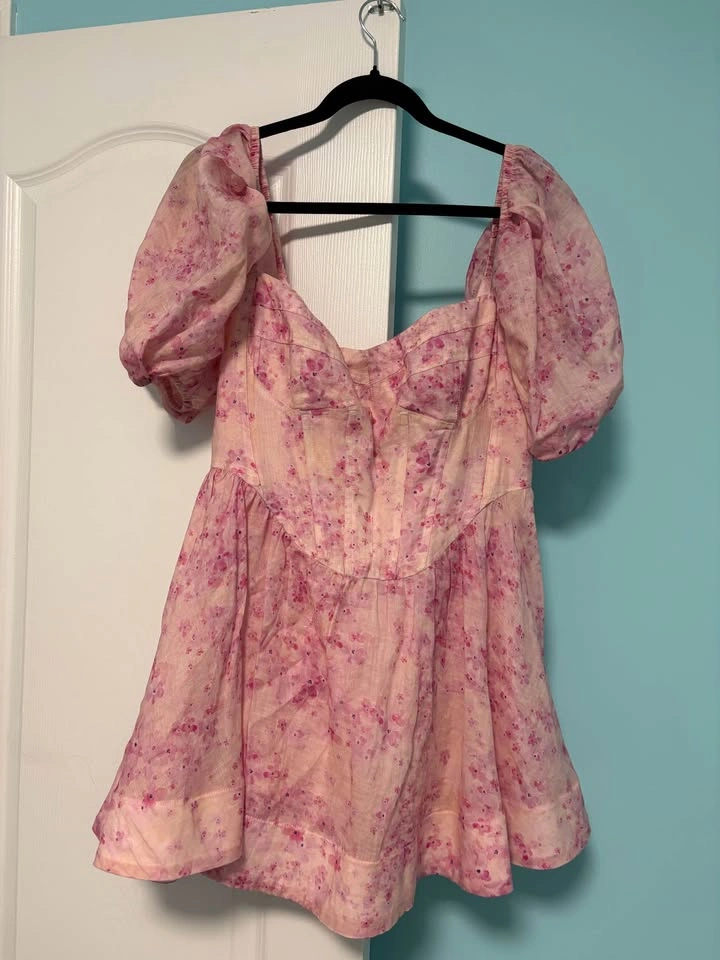 Bardot Pink Corset Floral Puff Sleeve Mini Dress US 8 - photo 2