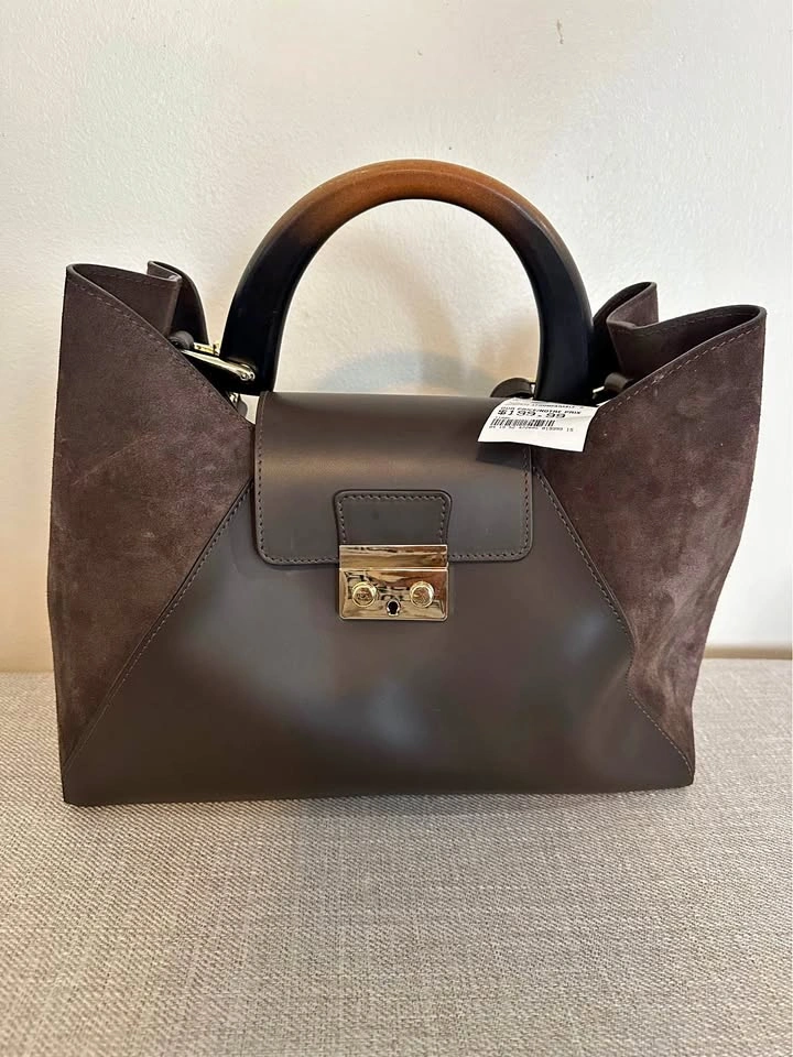 Dark Brown Leather Suede Handbag with Ombre Wood Handle
