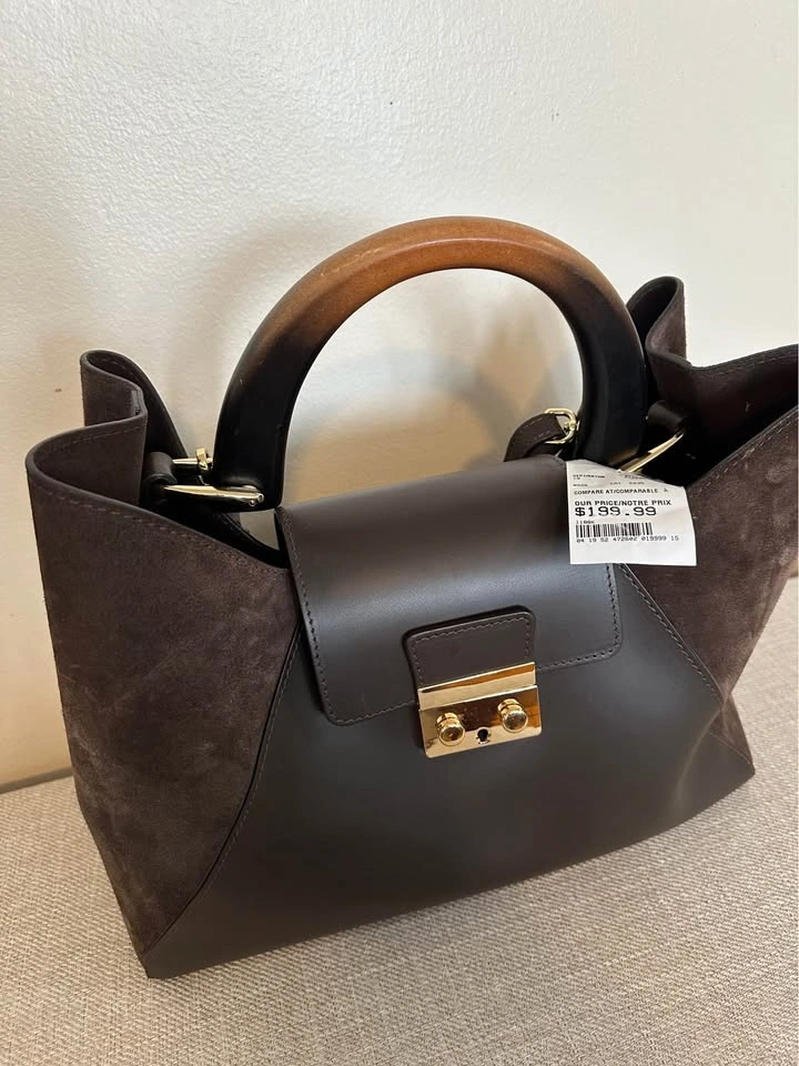 Dark Brown Leather Suede Handbag with Ombre Wood Handle - photo 3