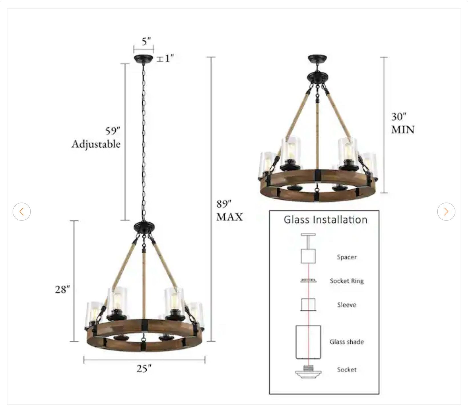 25 in. W Farmhouse Chandelier 6-Light Black Wagon Wheel Wood - photo 3