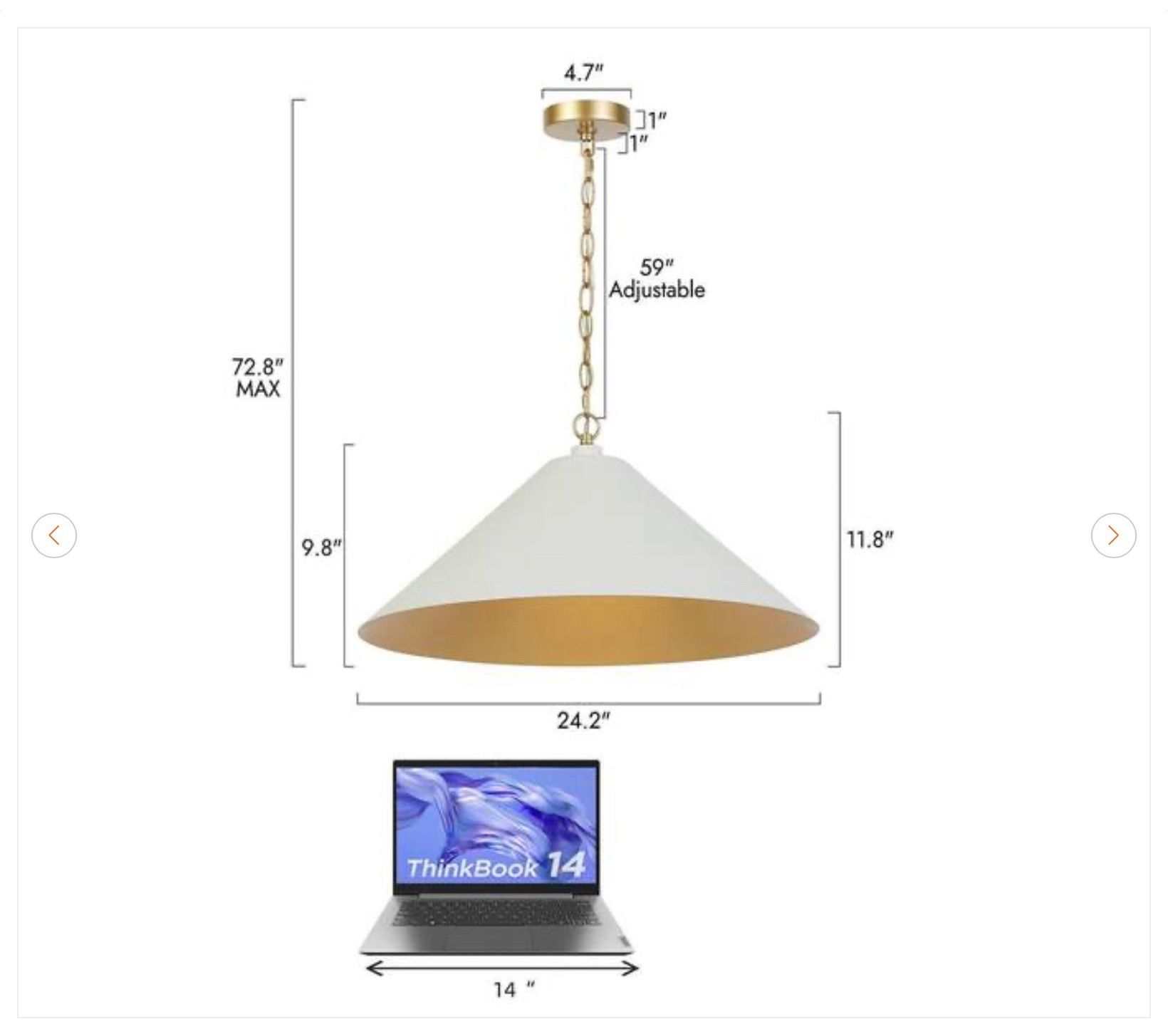 Mid-century Modern Gold Pendant Lamp w/ White Cone Shade - photo 3