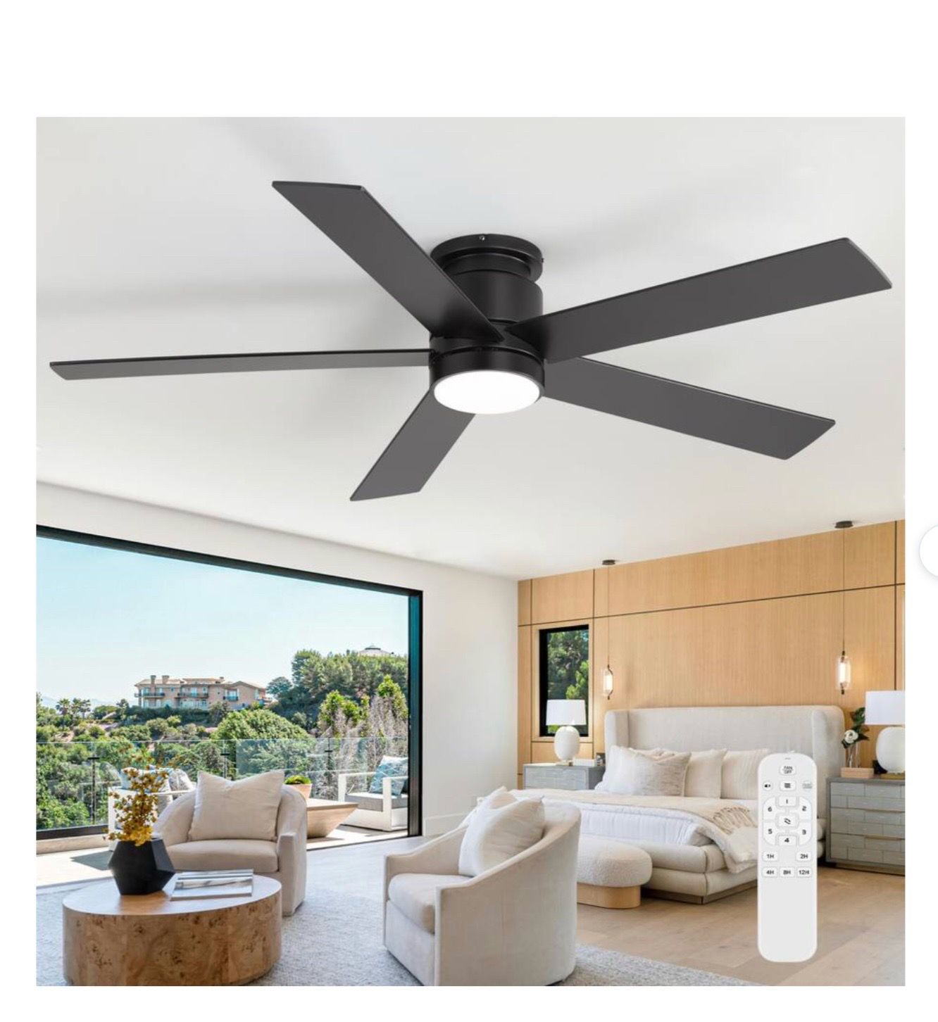 52" Black Flush Mount Low Profile Ceiling Fan w/ LED Light