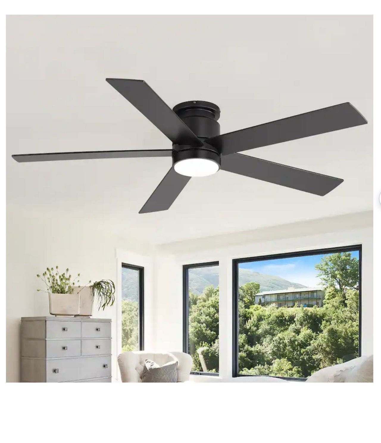 52" Black Flush Mount Low Profile Ceiling Fan w/ LED Light - photo 3