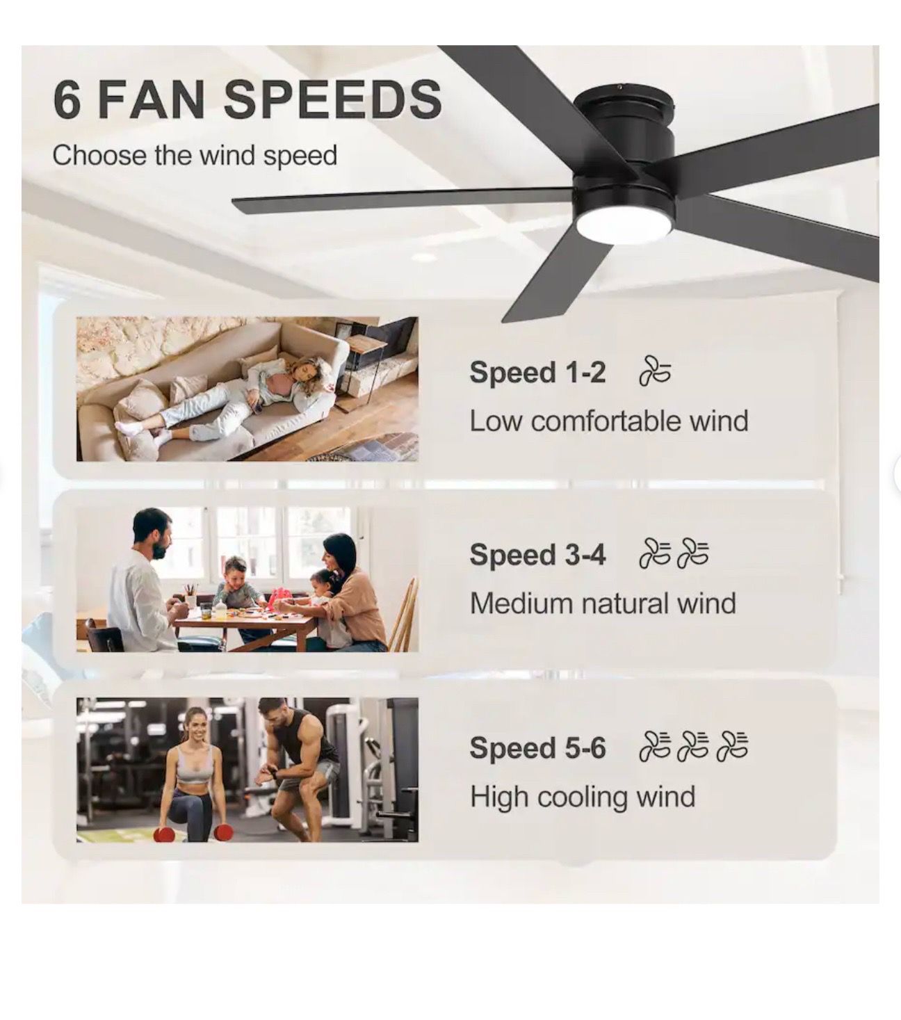 52" Black Flush Mount Low Profile Ceiling Fan w/ LED Light - photo 4