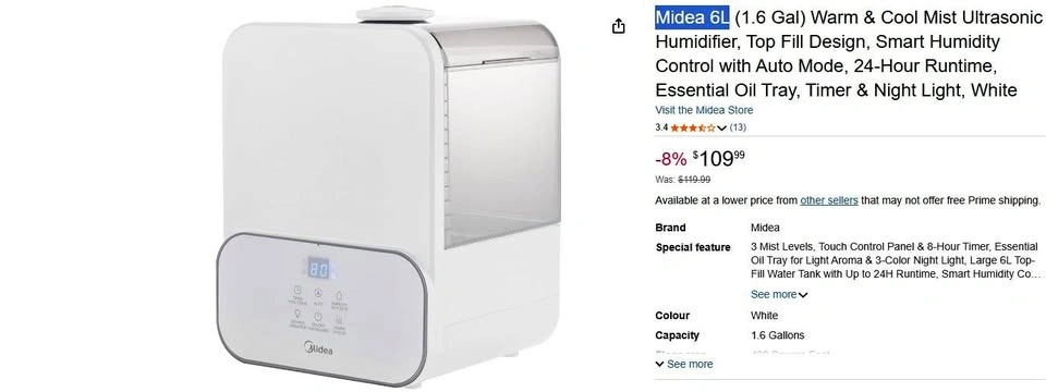 Midea Humidifier & Aromatherapy Diffuser (New Open Box)