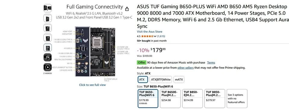 ASUS TUF B650-PLUS WiFi AM5 ATX Motherboard (New)