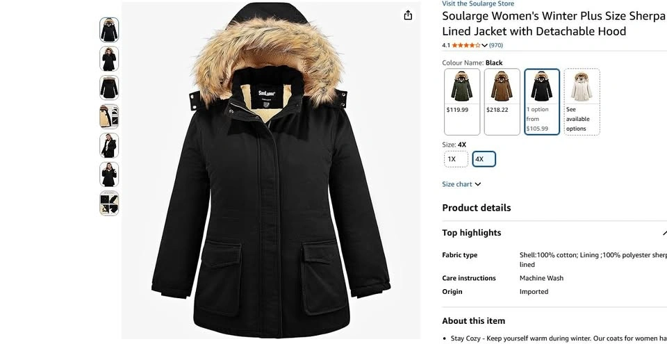 Women's Sherpa Lined Jacket with Hood - 4XL (New Open Box)