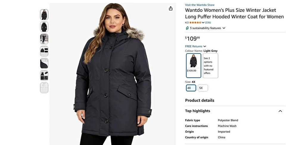 Plus Size Winter Coat Parka with Hood (Size: L) (New Open Box)