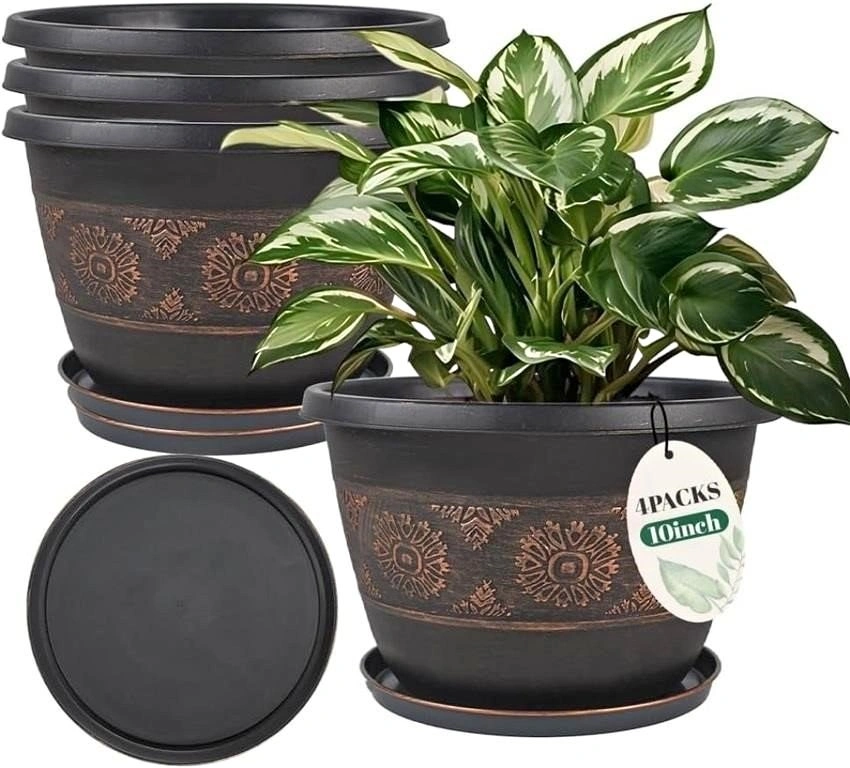 4 Pack 10 inch Plant Pots, Retro Pattern Planters