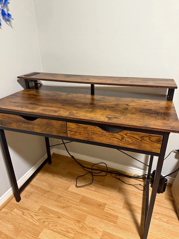 Rustic Computer Desk with Monitor Riser and Drawers