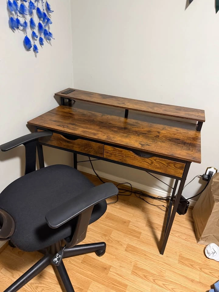 Rustic Computer Desk with Monitor Riser and Drawers - photo 2