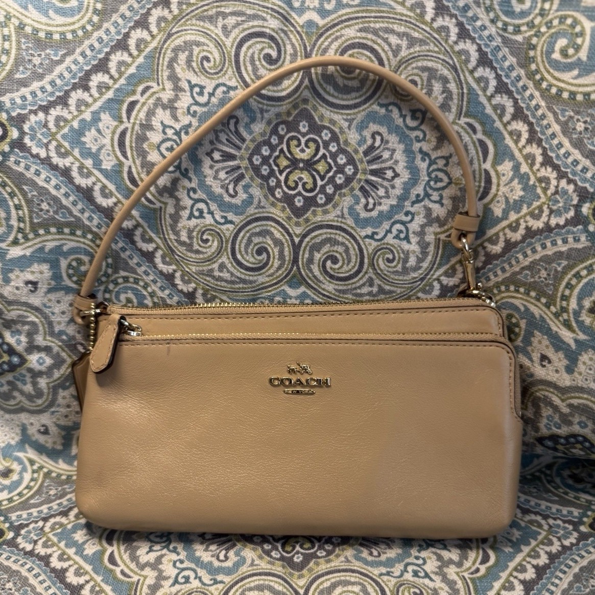 Coach Beige Butter Soft Leather Double Zip Wristlet