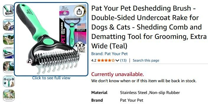 Pet Deshedding Brush - Blue - New