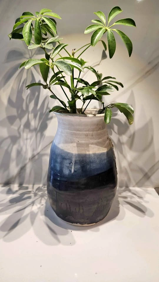 Upcycled Blue Pottery Vase with Plant