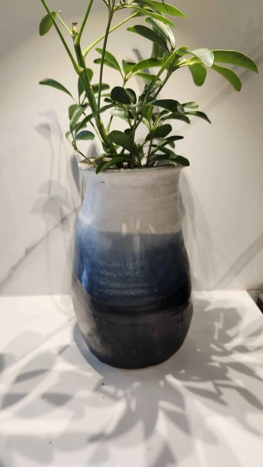 Upcycled Blue Pottery Vase with Plant - photo 2