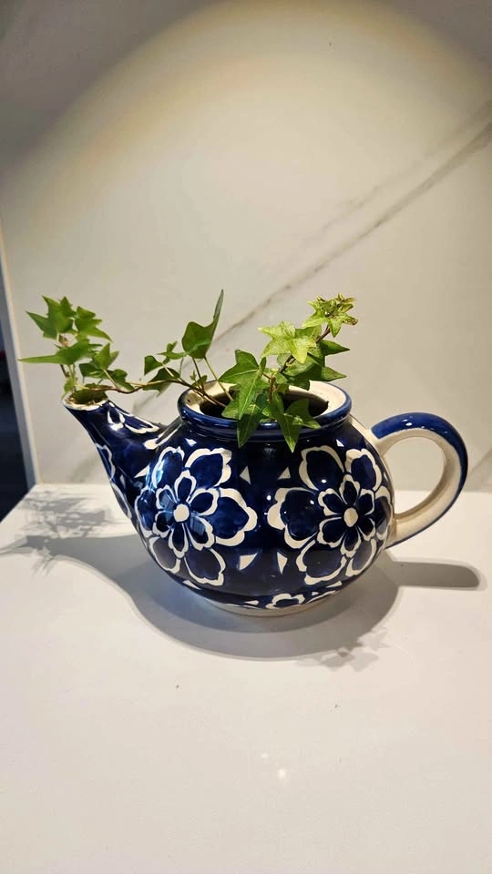 Stunning blue and white teapot with plants