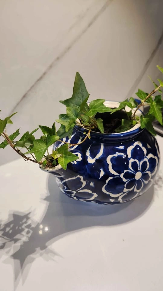 Stunning blue and white teapot with plants - photo 2