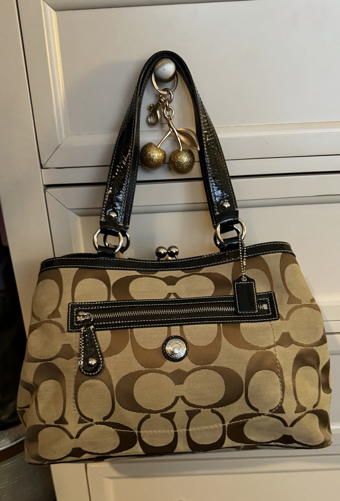 Coach Brown Logo Satchel, Kisslock, Double Handles, Silver Hardw