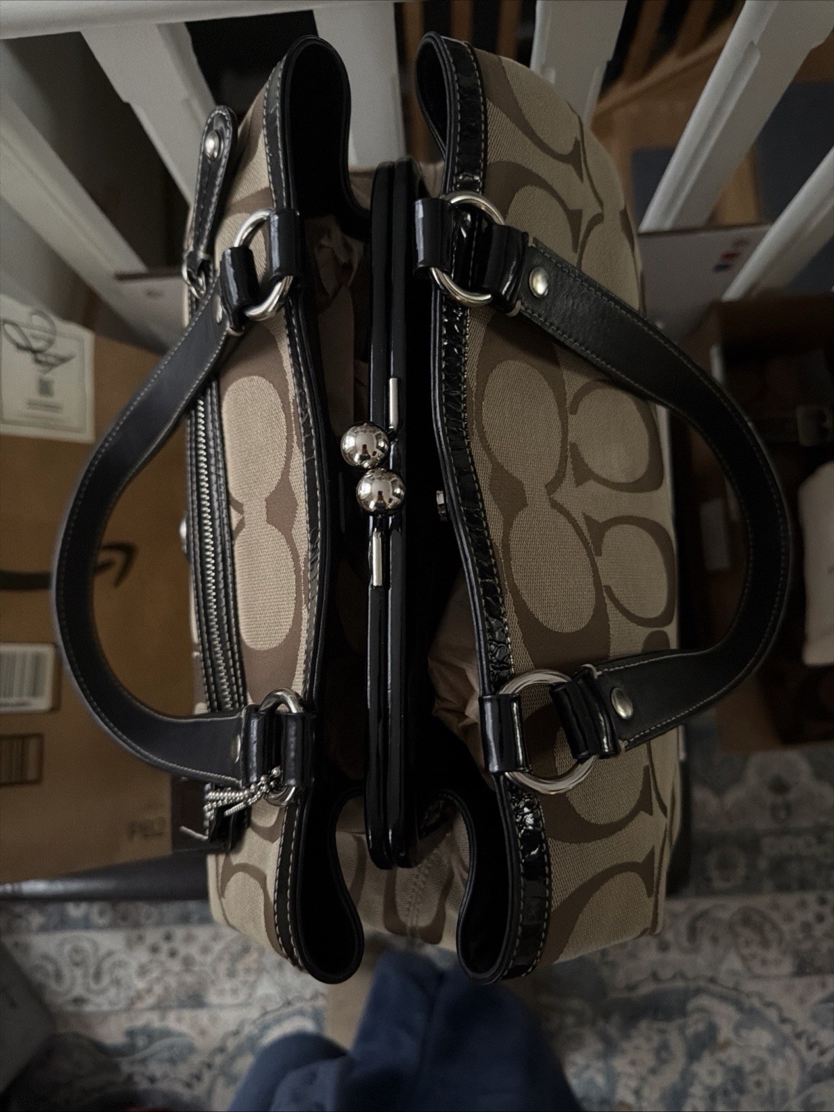 Coach Brown Logo Satchel, Kisslock, Double Handles, Silver Hardw - photo 2