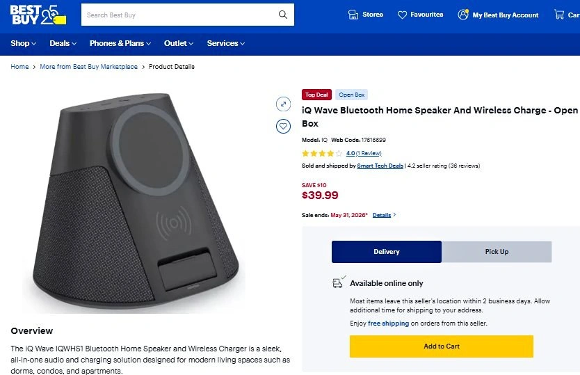 iQ Wave Bluetooth Home Speaker And Wireless Charge - New
