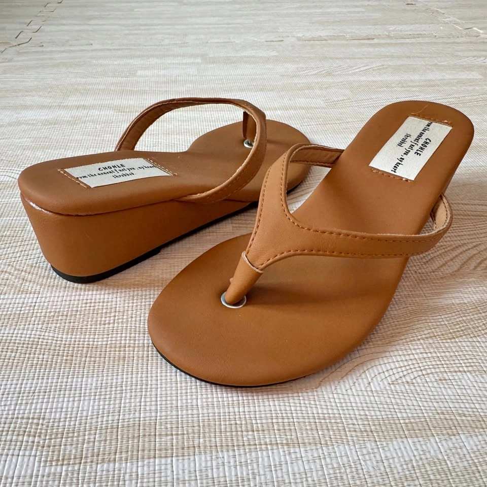 Minimalist Tan Wedge Flip Flop Sandals - Size 35