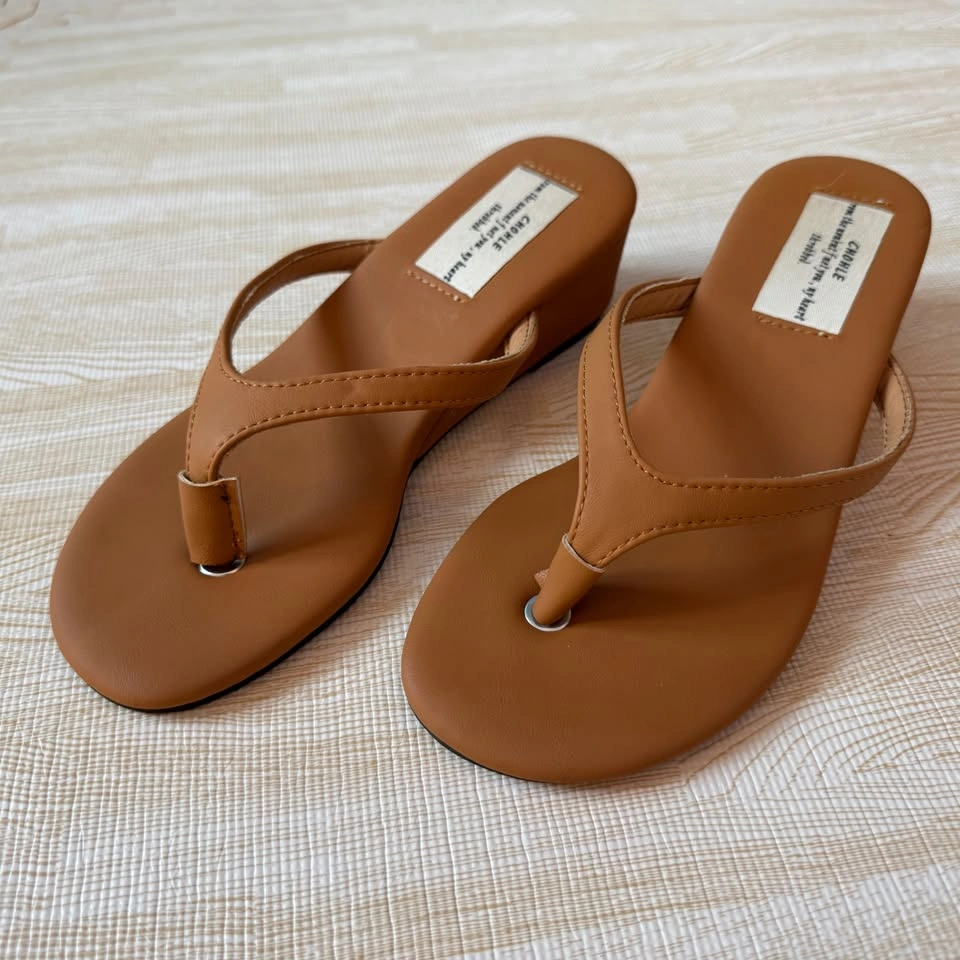 Minimalist Tan Wedge Flip Flop Sandals - Size 35 - photo 3