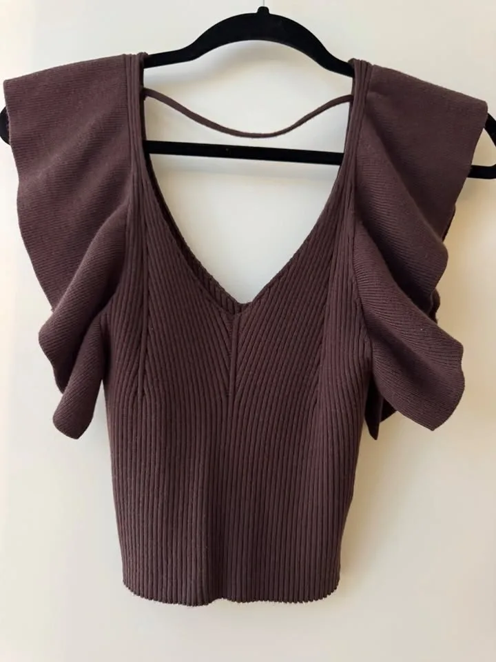 LE LIS Collection Ribbed Flutter Sleeve Top – Small – New 🤎 - photo 3