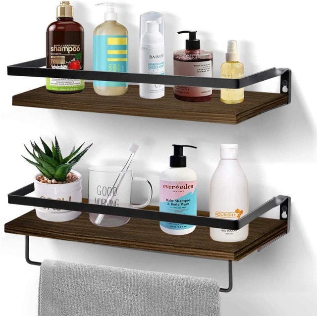 NEW Hoiicco Grey/Brown Rustic Floating Shelves w/ Towel Bar