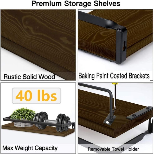NEW Hoiicco Grey/Brown Rustic Floating Shelves w/ Towel Bar - photo 3