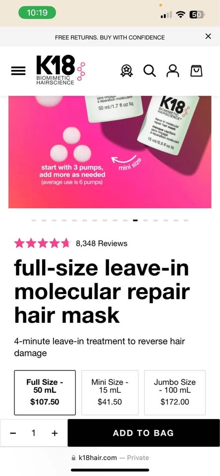 K18 Full-Size Leave-In Molecular Repair Hair Mask 50ml - photo 2